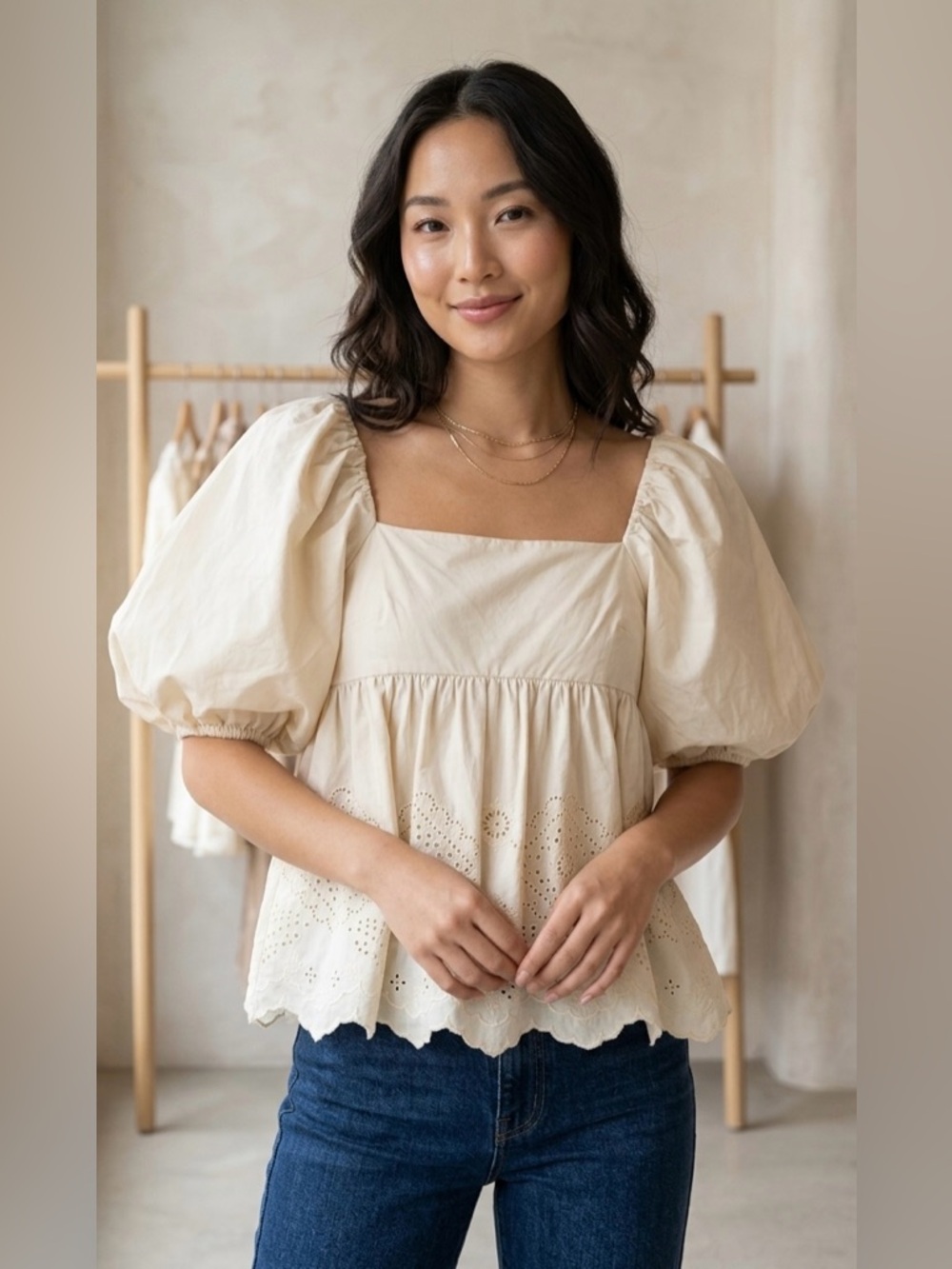 Moon River Cream Eyelet Puff Sleeve Babydoll Blouse Top | Size M